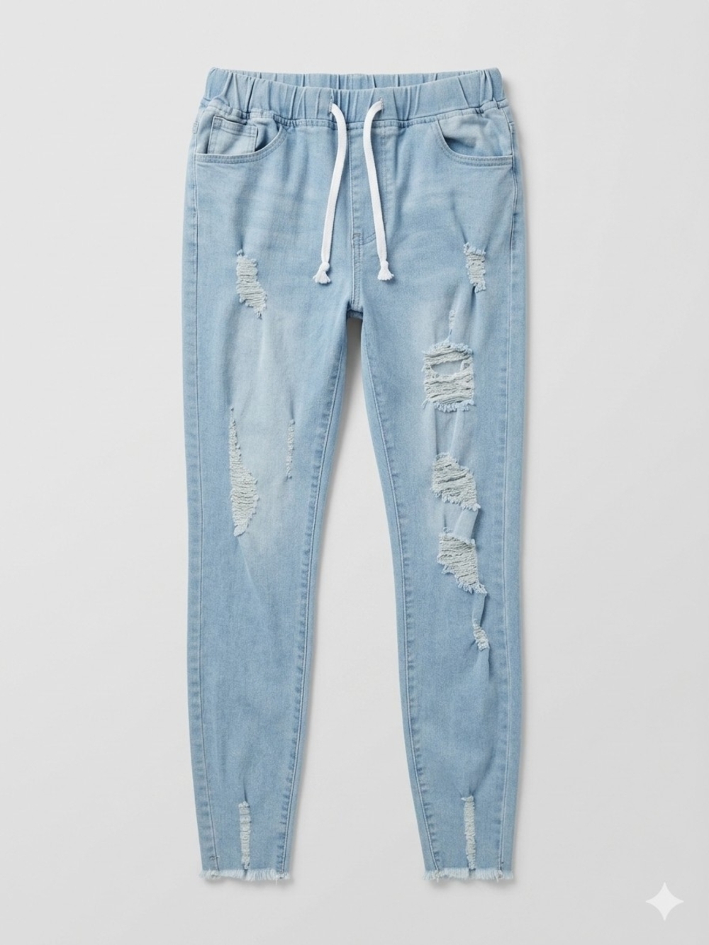 Light Blue Distressed Women's Jeggings with Drawstring Waist
